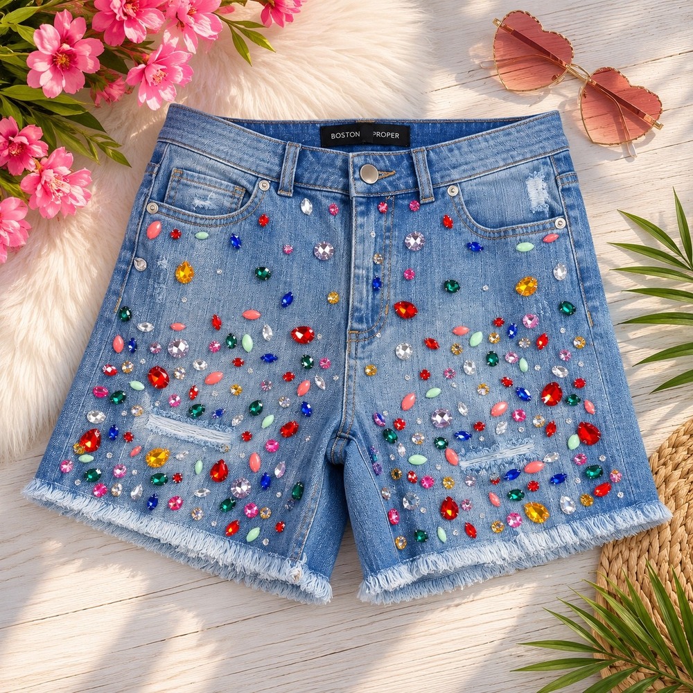Boston Proper Gemstone Embellished Denim Shorts Light Wash Distressed Size 6 Y2K